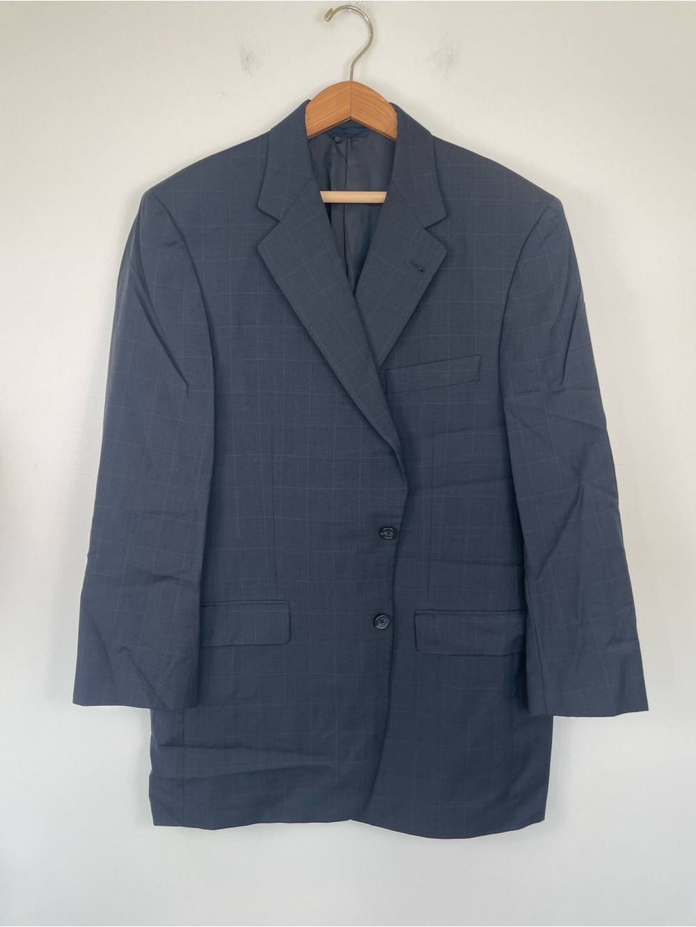 Burberry London Wool Sport Coat Blazer 44L Blue Windowpane USA Union Made Suit